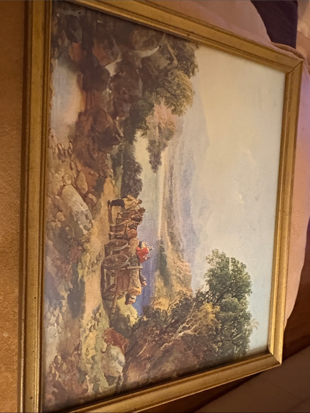 Framed Landscape Painting with Horse-Drawn Cart- Vintage print